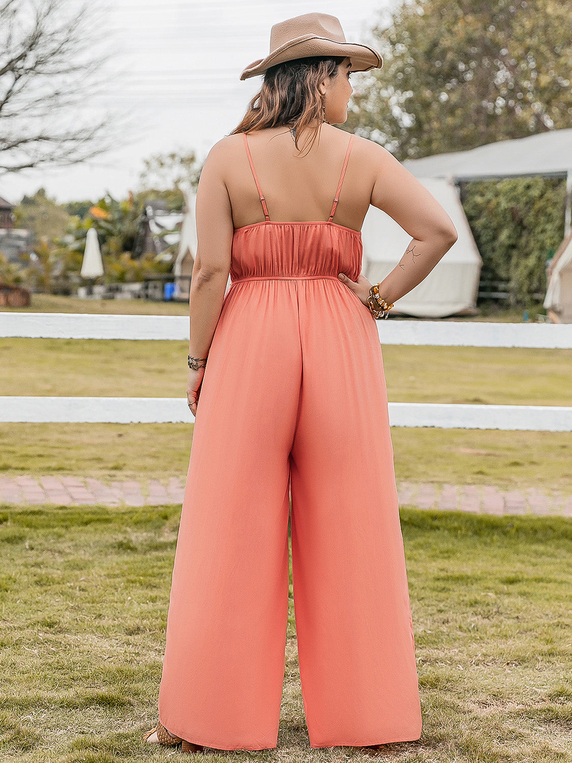 Plus Size Lace Detail Spaghetti Strap Wide Leg Jumpsuit