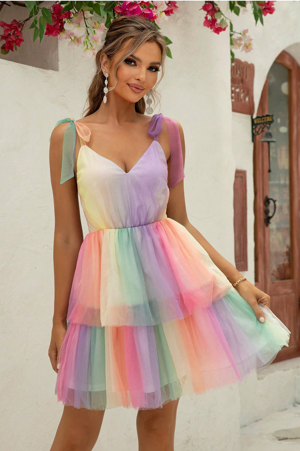 Gradient Tie-Shoulder Layered Dress